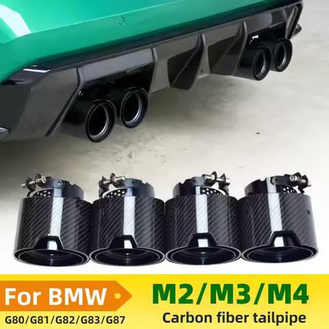 BMW G80 G82 G87 M Performance Carbon Fiber Exhaust Tips - Quad 4-Piece Set - Gloss Black & Stainless Steel for M2 M3 M4 - Direct Bolt-On